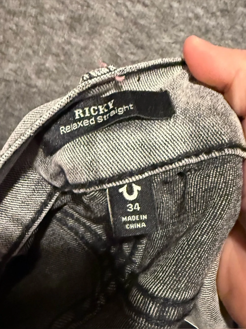 True Religion Jeans Mens 34x34 *Flaw* Gray Ricky Relaxed Straight Pink Stitching